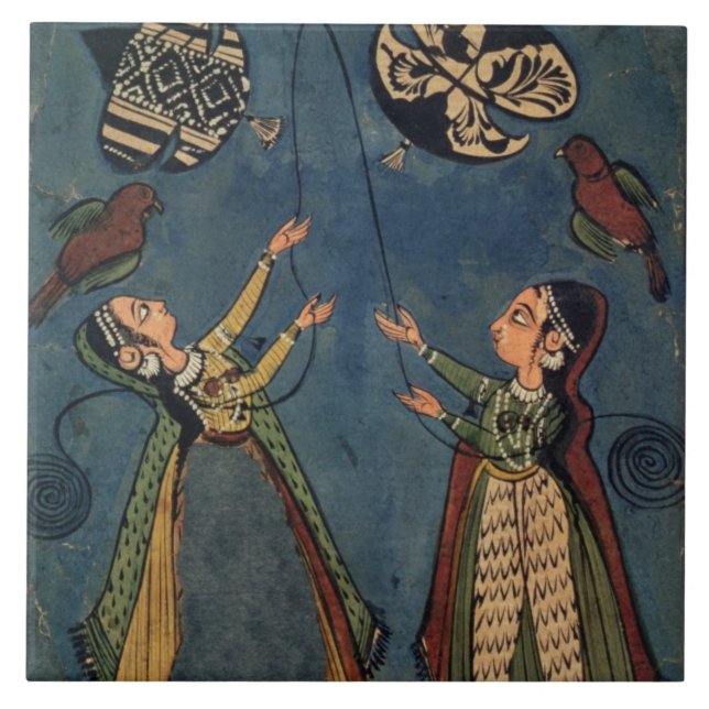 Girls flying kites, Kulu folk painting, Himachal P Ceramic Tile (Front)