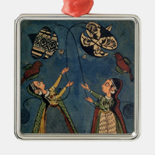 Girls flying kites, Kulu folk painting, Himachal P Metal Ornament