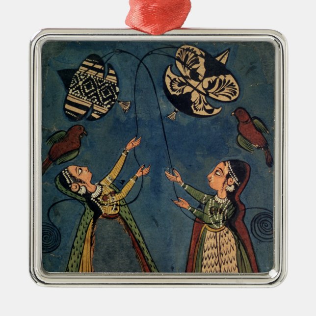 Girls flying kites, Kulu folk painting, Himachal P Metal Ornament (Front)