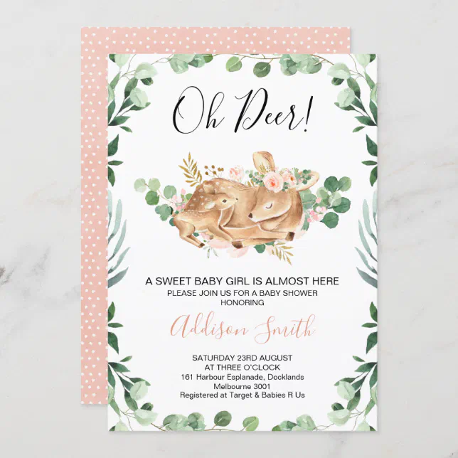 Girls Foliage Greenery Floral Deer Baby Shower Invitation 