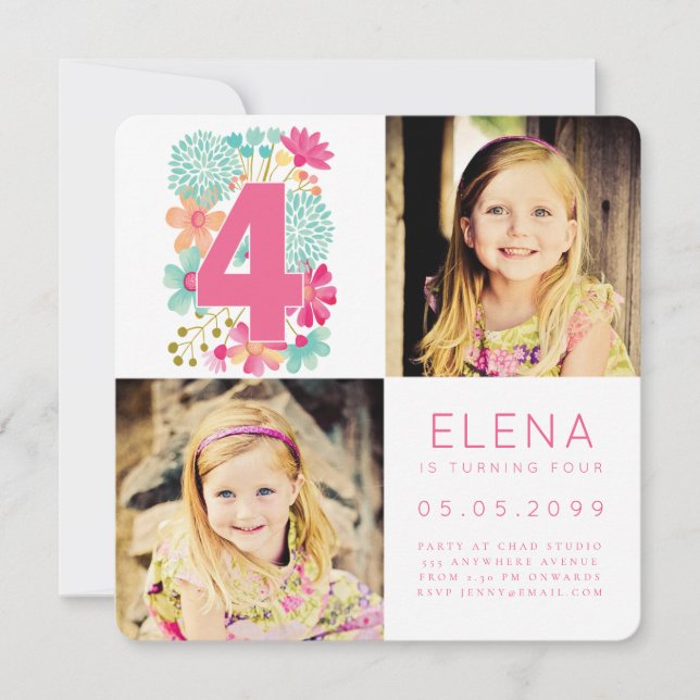 Girls FOUR 4th Birthday Number 4 Invitation (Front)