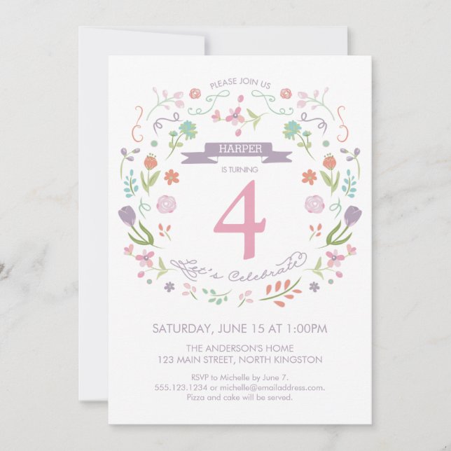 Girl's Fourth, 4th, Birthday Invitation (Front)