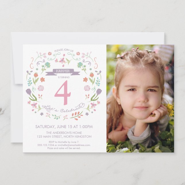 Girl's Fourth, 4th, Birthday Invitation w/ Photo (Front)