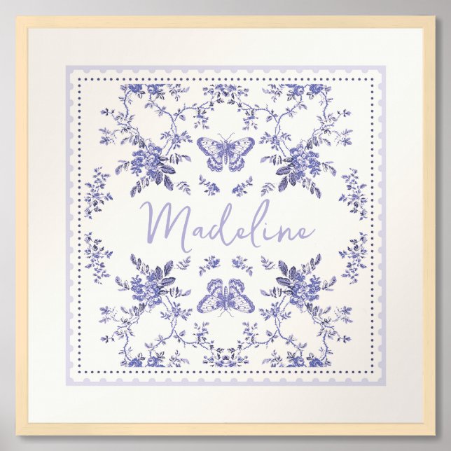 Girls French Toile & Butterfly Wall Art (Framed Front)