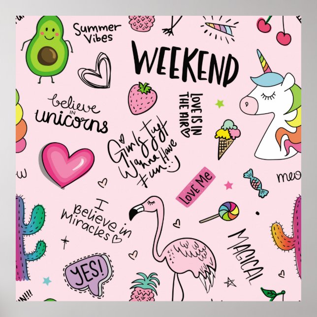 Girls fun concept with unicorn, flamingo, cactus,  poster (Front)
