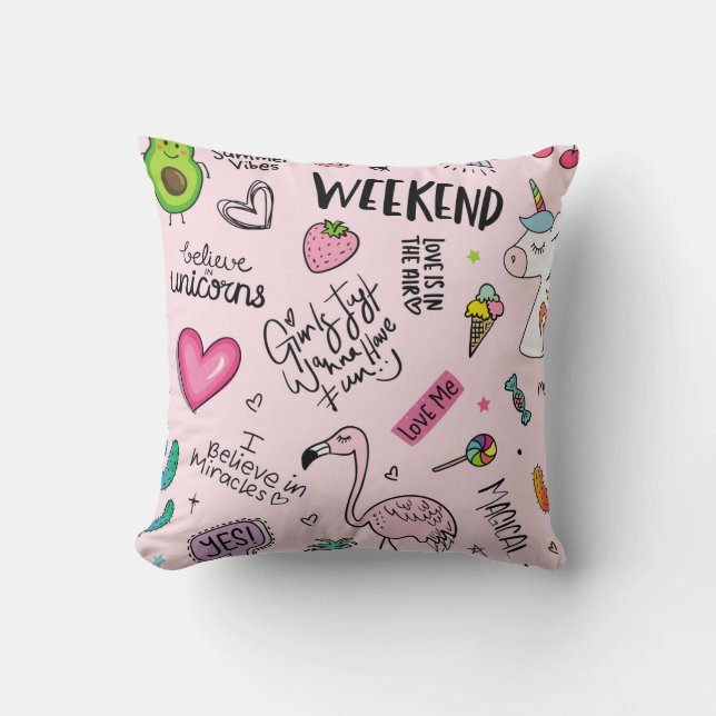 Girls fun concept with unicorn, flamingo, cactus,  throw pillow (Front)