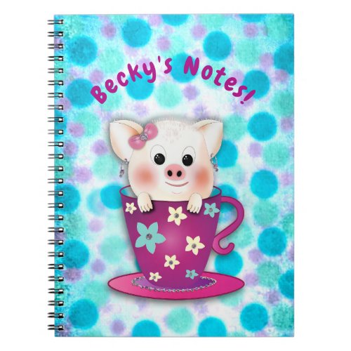 Girls fun Sweet Little Piggy in Tea Cup Polka Dot Notebook