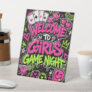 Girls Game Night Neon Graffiti Welcome Tabletop Si Pedestal Sign