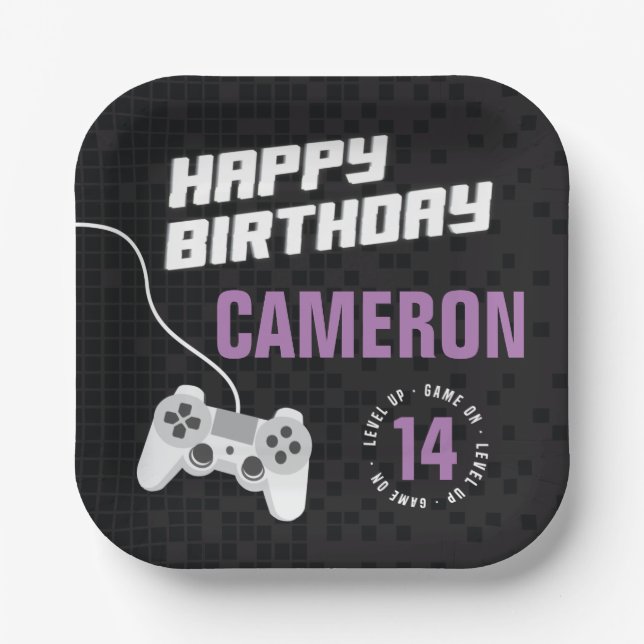 Girls Game On Gaming Neon Purple Birthday Party Paper Plates (Front)