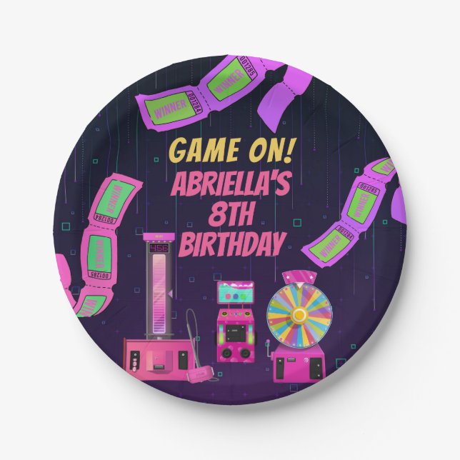 Girls Gaming and Arcade Birthday Paper Plates (Front)