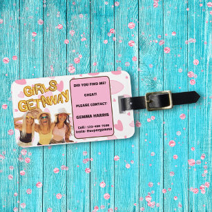 Girls Getaway Golden Bubbly Letters Pink Hearts Luggage Tag