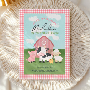 Girls Gingham Farm Barnyard 2nd Birthday Invitation