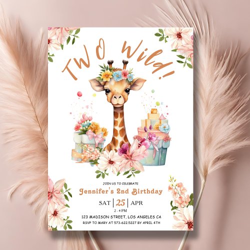 Girls Giraffe 2nd Birthday Pink Safari Two Wild Invitation