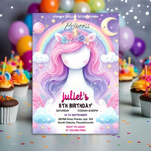 Girls girly cute purple pink unicorn 1st birthday invitation