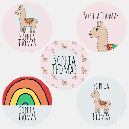Girls Girly Rainbow Llama Cartoon and Name Kids Labels