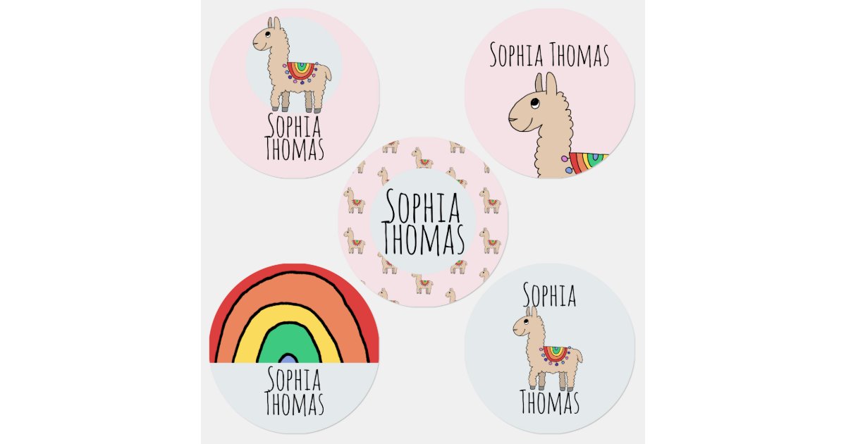 Girls Girly Rainbow Llama Cartoon and Name Kids' Labels Zazzle