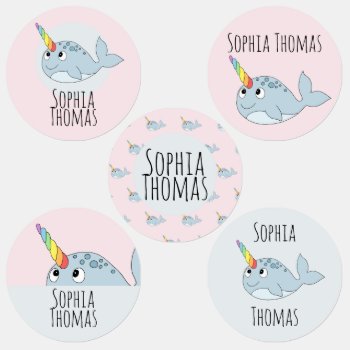 Girls Girly Rainbow Narwhal Cartoon And Name Kids' Labels by Simply_Baby at Zazzle