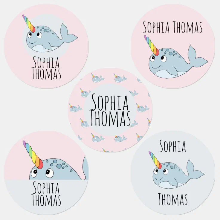 Girls Girly Rainbow Narwhal Cartoon and Name Kids' Labels | Zazzle