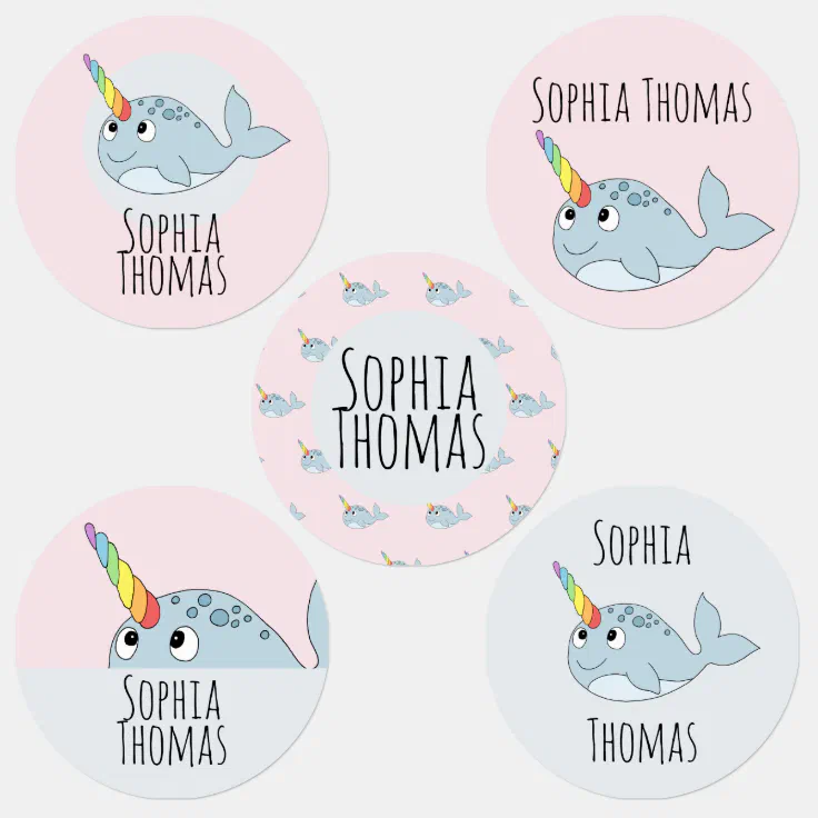 Girls Girly Rainbow Narwhal Cartoon and Name Kids' Labels | Zazzle Girls Girly Rainbow Narwhal Cartoon and Name Kids' Labels | Zazzle