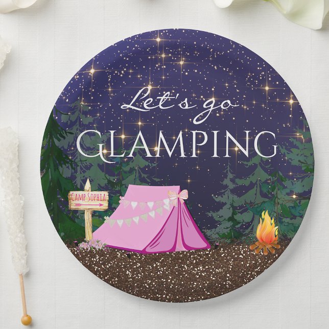 Girls Glamping Birthday Party Paper Plates (Add your own text to these cute glamping or camping paper plates.)