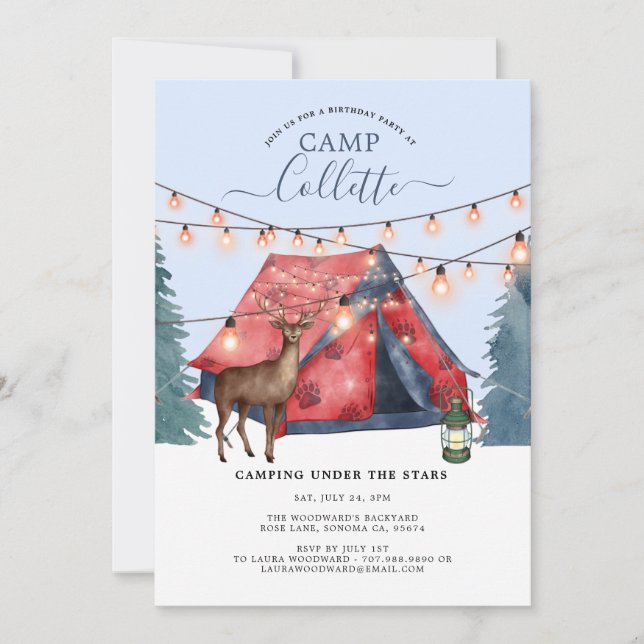 Girls Glamping Camping Birthday Party Invitation (Front)