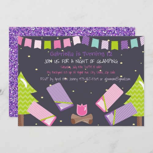 Girls GlampingCamping Out Birthday Party Invitation