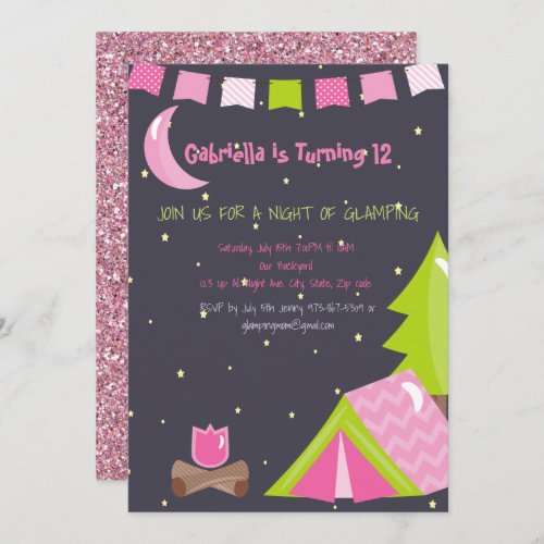 Girls GlampingCamping Out Birthday Party Invitation