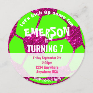 Girls Glitter Soccer Ball Birthday, Pink Neon Invitation