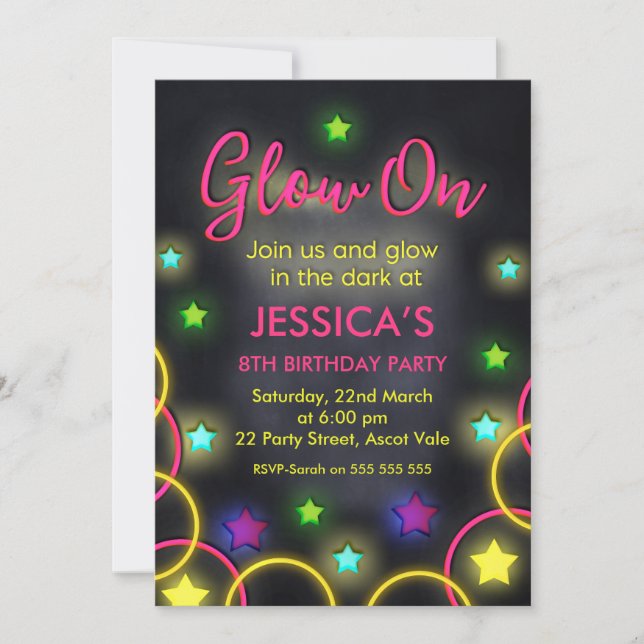 Girls Glow In The Dark Birthday Invitation (Front)
