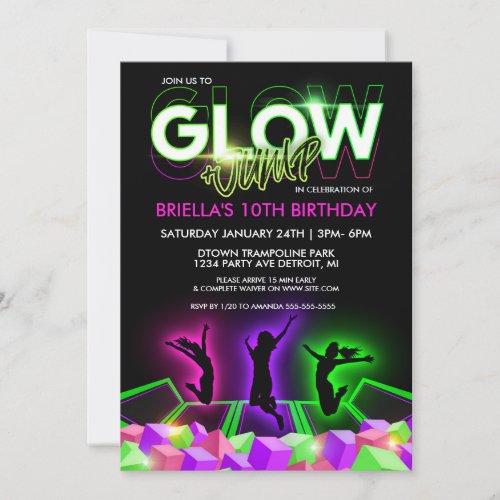 Girls Glow Trampoline Park Party Invitation