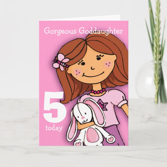 Girls Goddaughter 5th birthday card girl pink (Front)