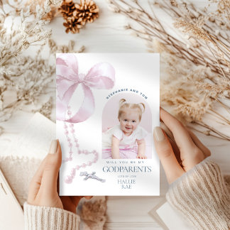 Girls Godparent Proposal, Pink Bow & Rosary Card