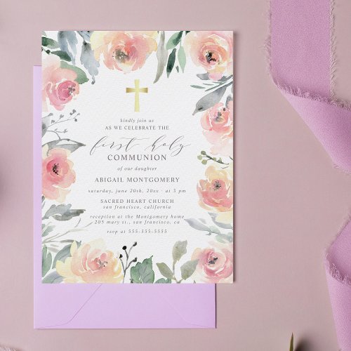 Girls Gold Cross Pink Floral First Holy Communion Invitation Postcard