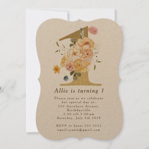 Girls Gold Floral 1st Birthday Party Invitation