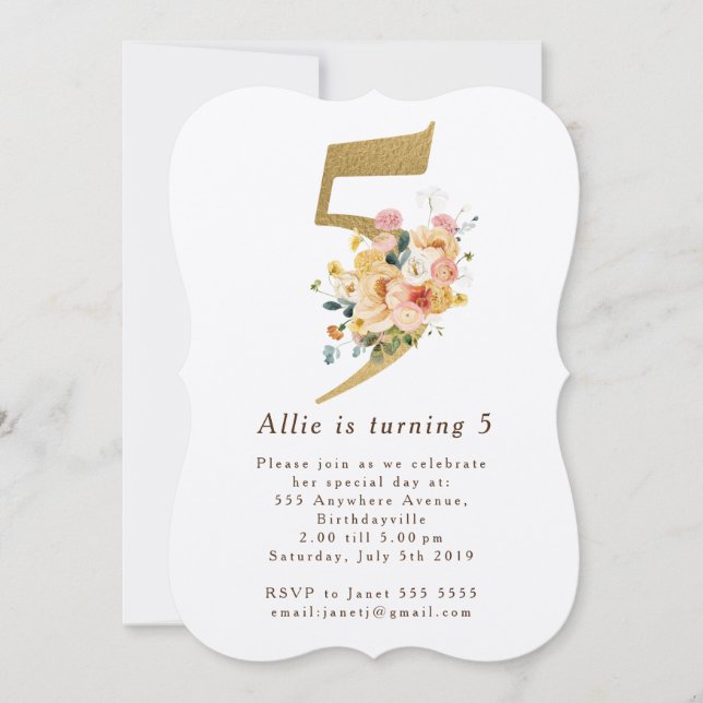 Girls Gold Floral 5th Fifth Birthday Party Invitation (Front)