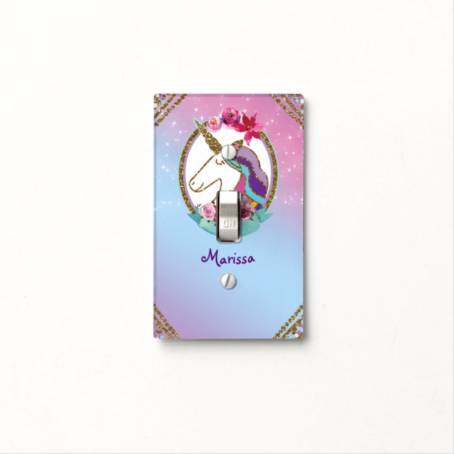 Girls Gold Pink Purple Magical Unicorn Light Switch Cover (In Situ)