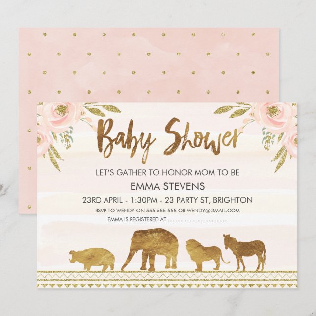 Girls Gold Safari Animals Baby Shower Invitation (Front/Back)