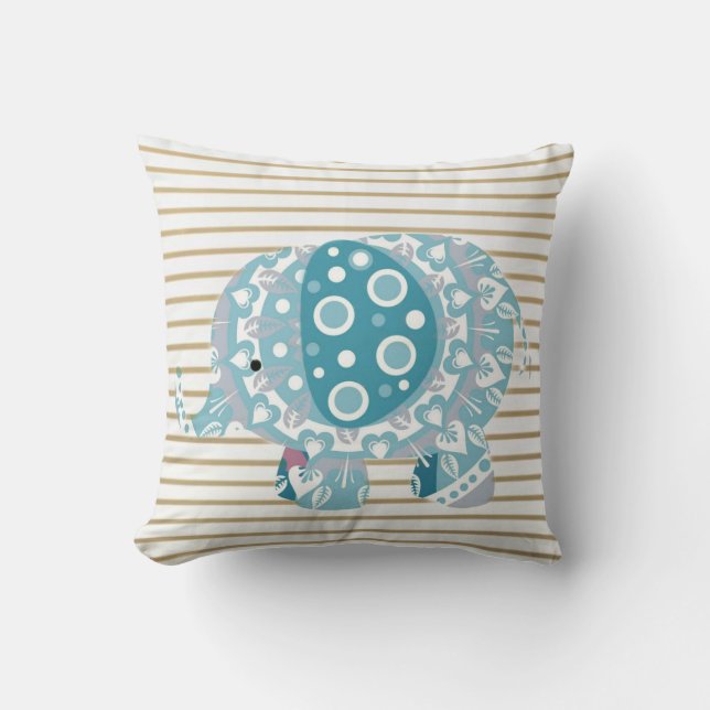 Girls Gold Stripe Blue Mandala Elephant Pillow (Front)