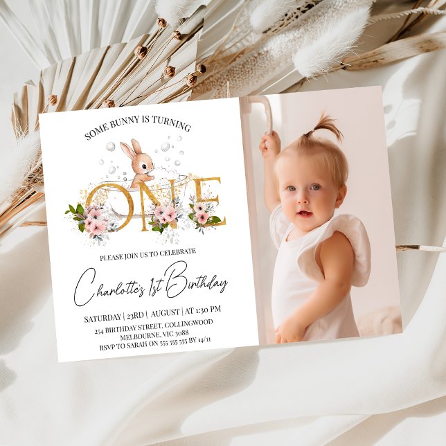 Girls Gold Word Floral Some Bunny 1st Birthday Invitation (Some Bunny 1st Birthday Invitation Girl, Bunny Themed First Birthday Invitation, Gold One, Floral)