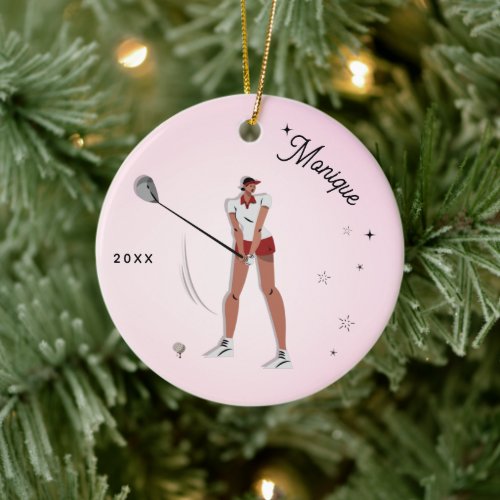 Girl's Golf Golfer Silhouette Pink Kid's Name Year Ceramic Ornament