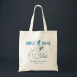 Girls Gone Mild Blue Whimsical Bachelorette Tote Bag<br><div class="desc">Bring a touch of charm and humor to your bachelorette party with this delightful personalized tote bag. Featuring a whimsical design of hand-drawn women's legs wearing comfy slippers and surrounded by sparkles in blue.</div>