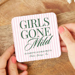Girls Gone Mild Pajama Spa Bachelorette Weekend Square Paper Coaster<br><div class="desc">The "Girls Gone Mild" pajama spa bachelorette collection is a playful yet polished suite designed for a relaxing weekend with your closest crew. Featuring soft pink and white stripes paired with bold green typography, this design perfectly captures the vibe of a cozy girls’ getaway—think face masks, fluffy robes, and heartfelt...</div>
