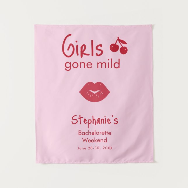 Girls Gone Mild Pink and Cherry Red Bachelorette   Tapestry (Front)