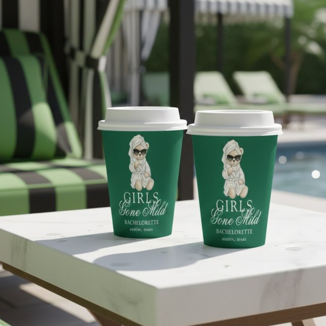 Girls Gone Mild Spa Bear Bachelorette Paper Cups (Not every bachelorette party needs to be wild—and that’s exactly the vibe of Girls Gone Mild!)