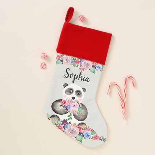 Girls Gorgeous Floral Watercolor Panda and Name Christmas Stocking