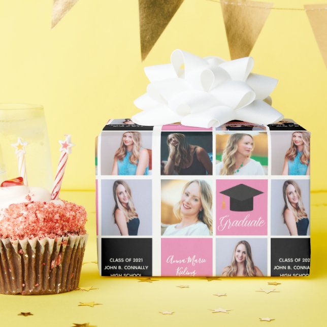 Girls Graduation Photo Collage Chic Pink Custom Wrapping Paper (Birthday Party)