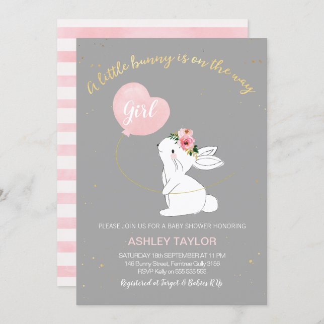 Girls Gray Pink Bunny Baby Shower invitation (Front/Back)