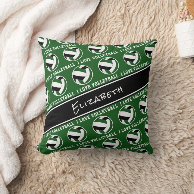 girls green black "I love volleyball" personalized Throw Pillow (Blanket)