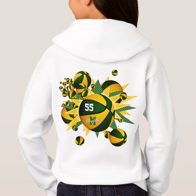 Girl's green gold team colors basketballs hoodie (Back)