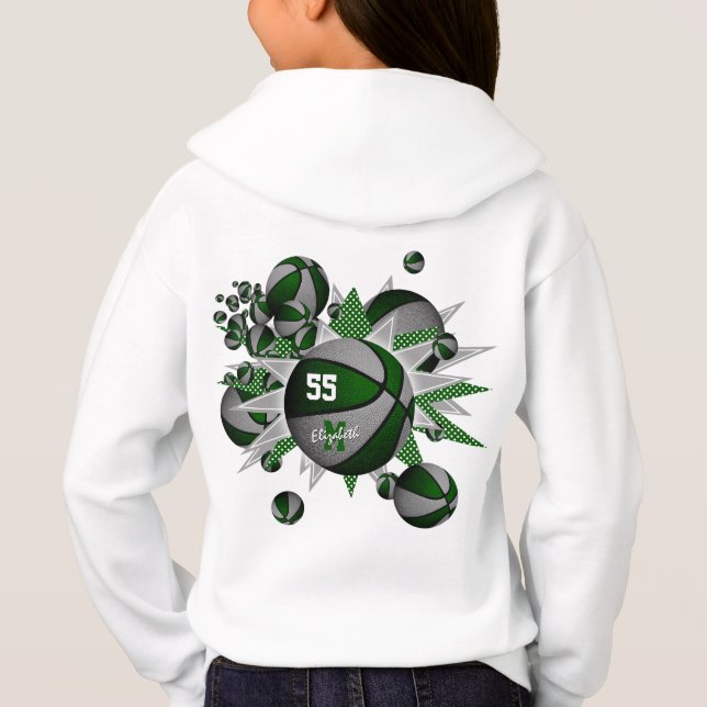 Girl's green gray team colors basketballs hoodie (Back)